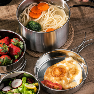 Stainless steel camping pots and pans